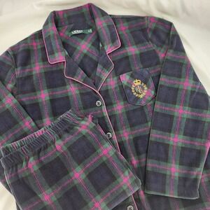Lauren Ralph Lauren Plaid Fleece Pajama Set Womens XL Crest Soft Cozy Lounge